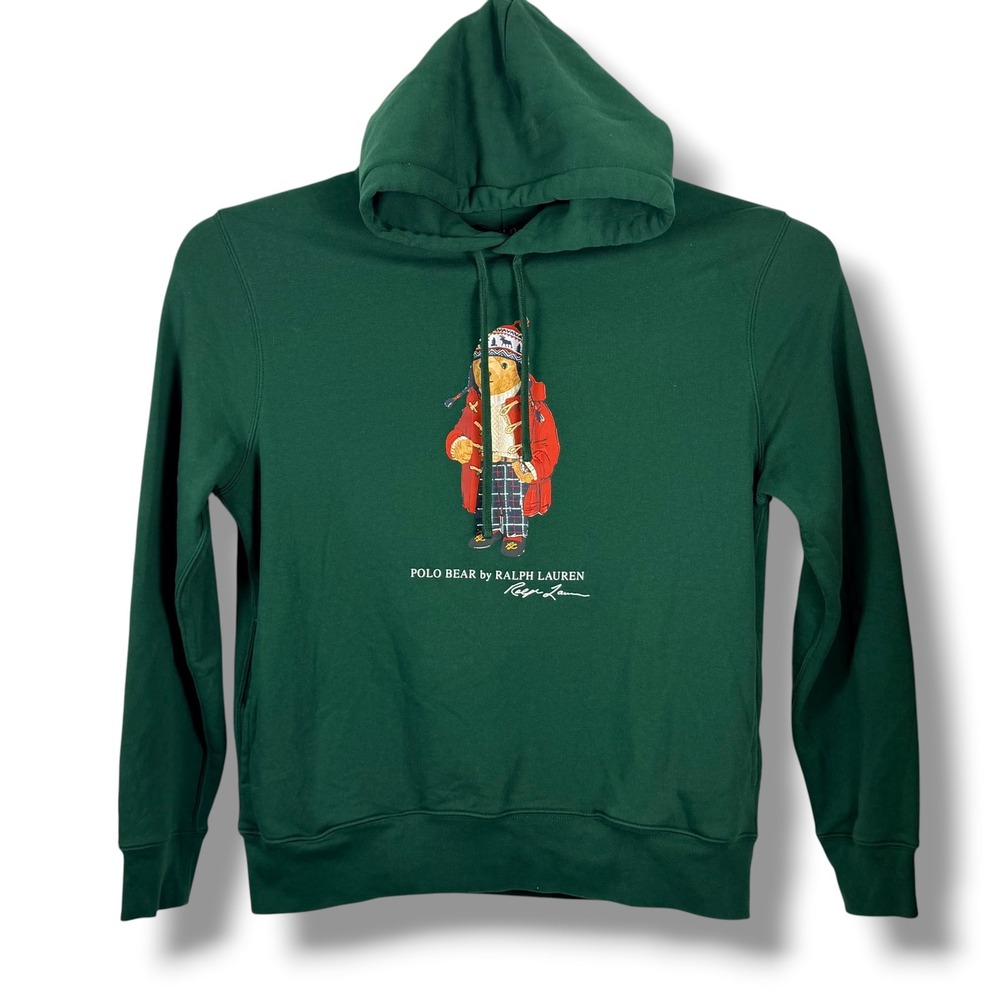 Polo Ralph Lauren Hoodie Mens L Green Polo Bear Graphic Cotton Winter Pullover